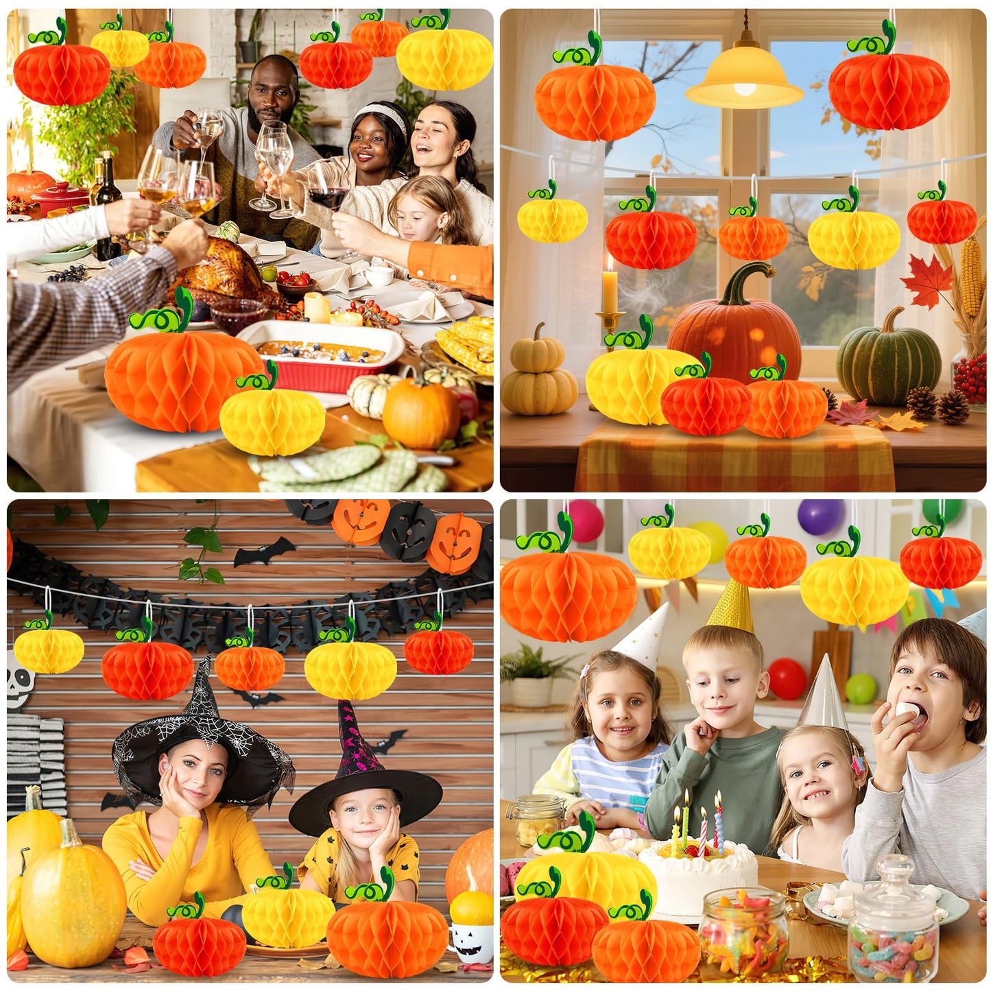 BOARDFEB 15PCS Pumpkin Honeycomb Decorations, Orange Red Yellow Honeycomb Fall Hanging Ornaments for Autumn Thanksgiving Party Favor Supplies