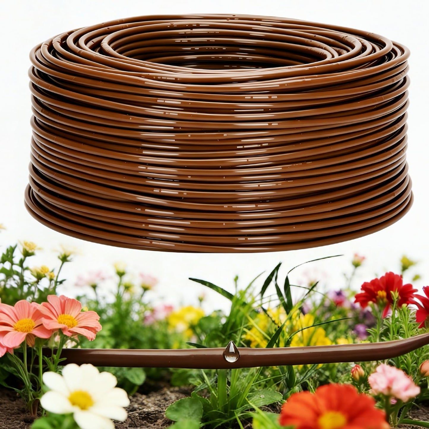 1/4" Drip Irrigation Tubing with 6" Emitter Spacing, (650 Ft Roll) Hydroponics Dripline with Built-in 0.5 GPH Dripper, Saving 80% Water, Drip Line for Garden Irrigation and Raised Beds (Brown)
