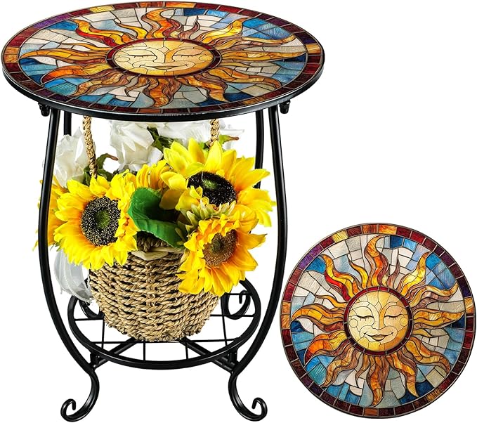 Cinnvoice Outdoor Side Table Round Small Mosaic Patio Accent Indoor End Plant
