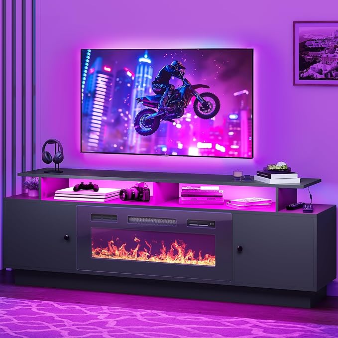 DWVO 70'' TV Stand with 36" Electric Fireplace, Entertainment Center with LED