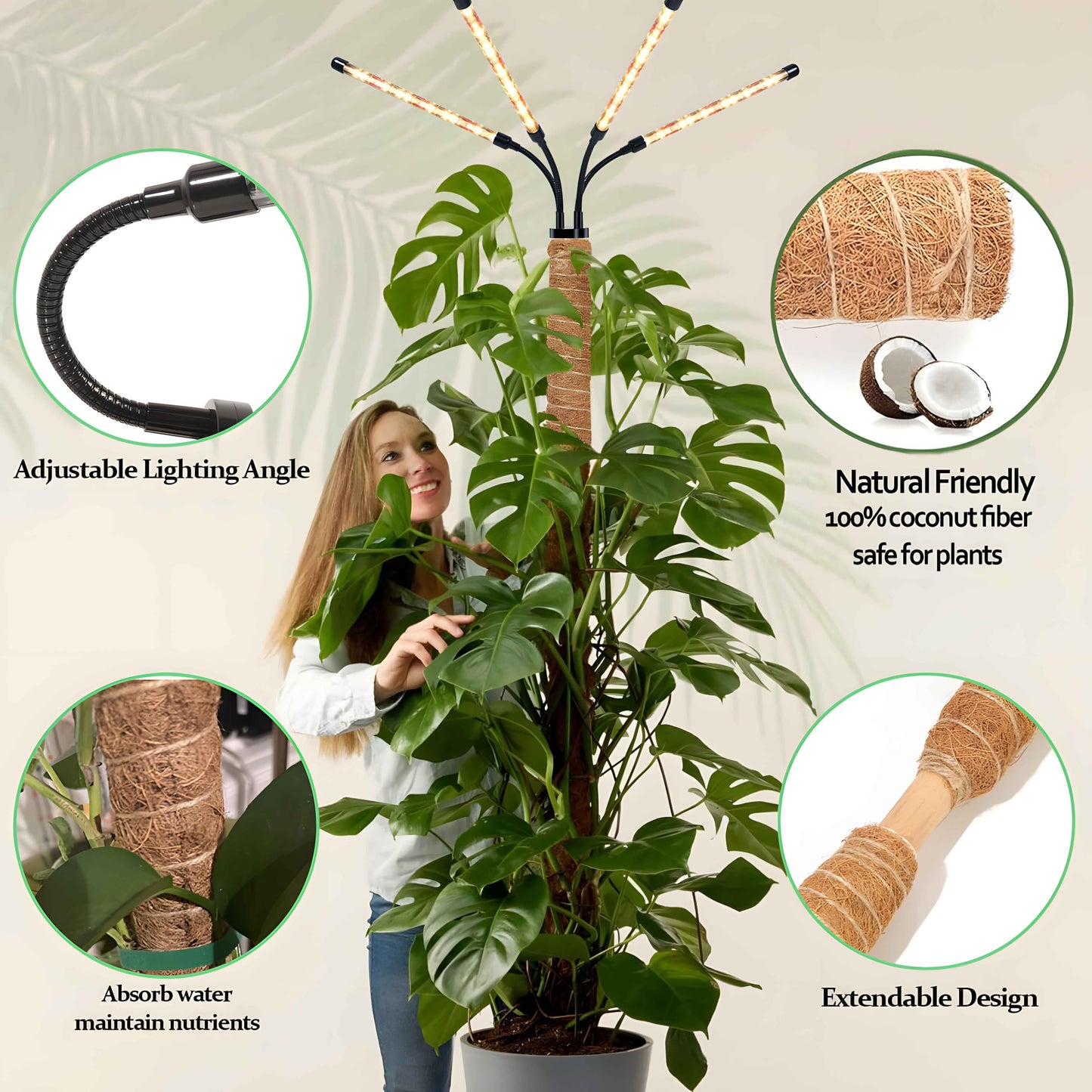 Grow Lights with Moss Pole for Indoor Plants, Full Spectrum LED Plant Light with Auto 3/9/12H Timer, Adjustable Height 15-54", Plant Lights Coco Coir Pole for Monstera, Philodendron, Climbing Plants