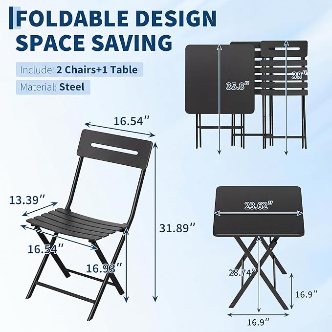 GarveeTech 3-Piece Folding Bistro Set, Heavy Duty Outdoor Patio Furniture
