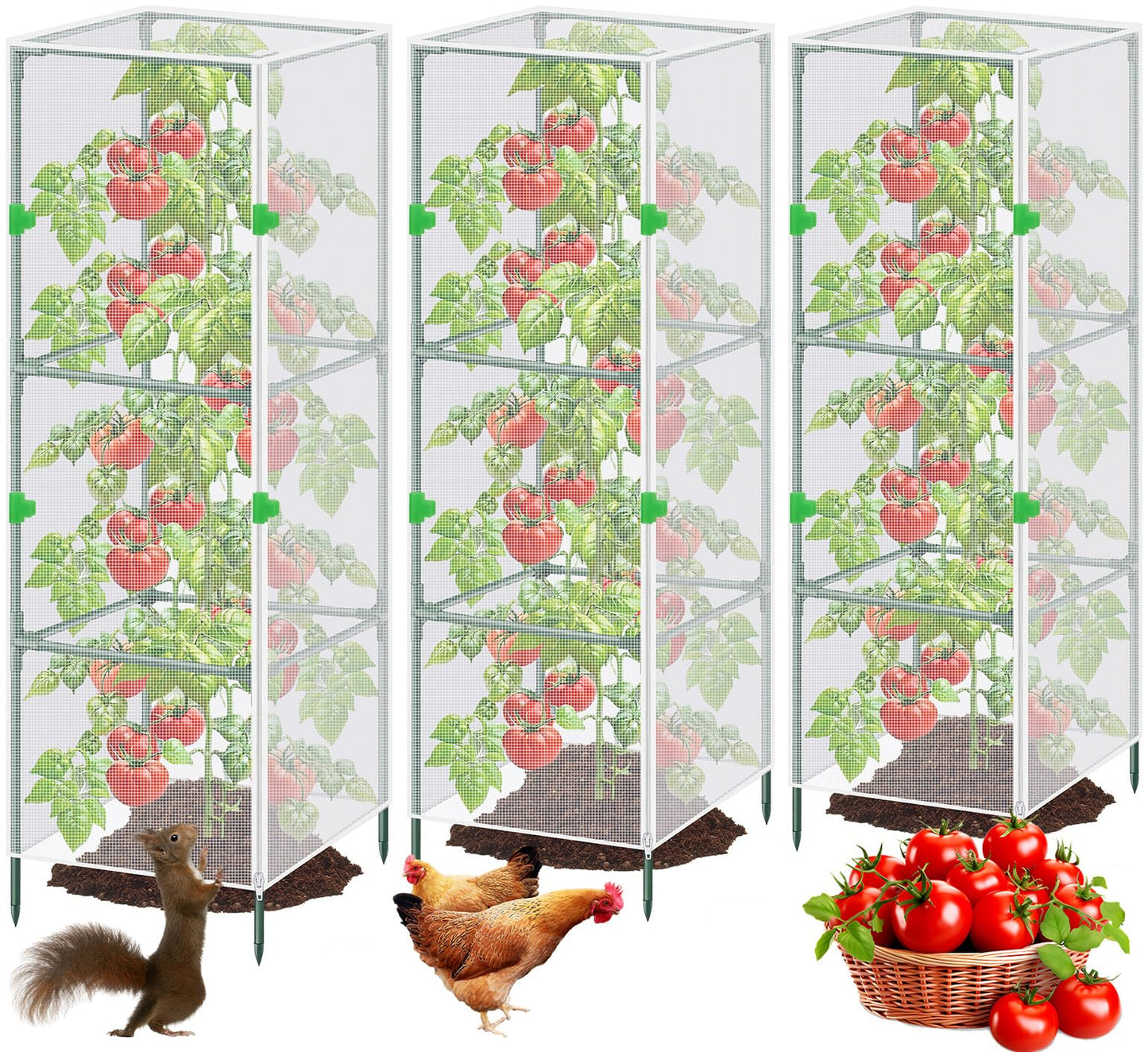 3Pack Garden Bird Netting Plant Cover for Square Tomato Cage,59"x17.7" Insect Bird Barrier Tomato Cage Net with Zipper&12pcs Clips,Tomato Trellis Netting Protection Mesh Cover for Protecting Plants