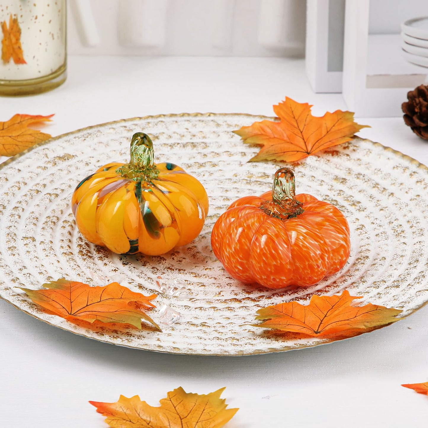 Glass Pumpkin Fall Decor Set – 2 PCS Handblown Pumpkins for Autumn Decorations, Halloween, Thanksgiving, Harvest Table Centerpiece, Mantel Fall Accents