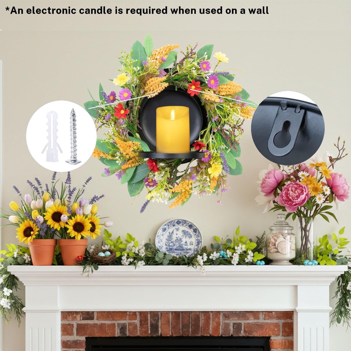 MOYEE Summer Candle Holder Centerpieces for Tables,Candle Ring, Black Metal Candlestick with an Artificial Wreath 14 in Versatile Dining Table Centrepiece(Golden Wheat Ear Wreath)