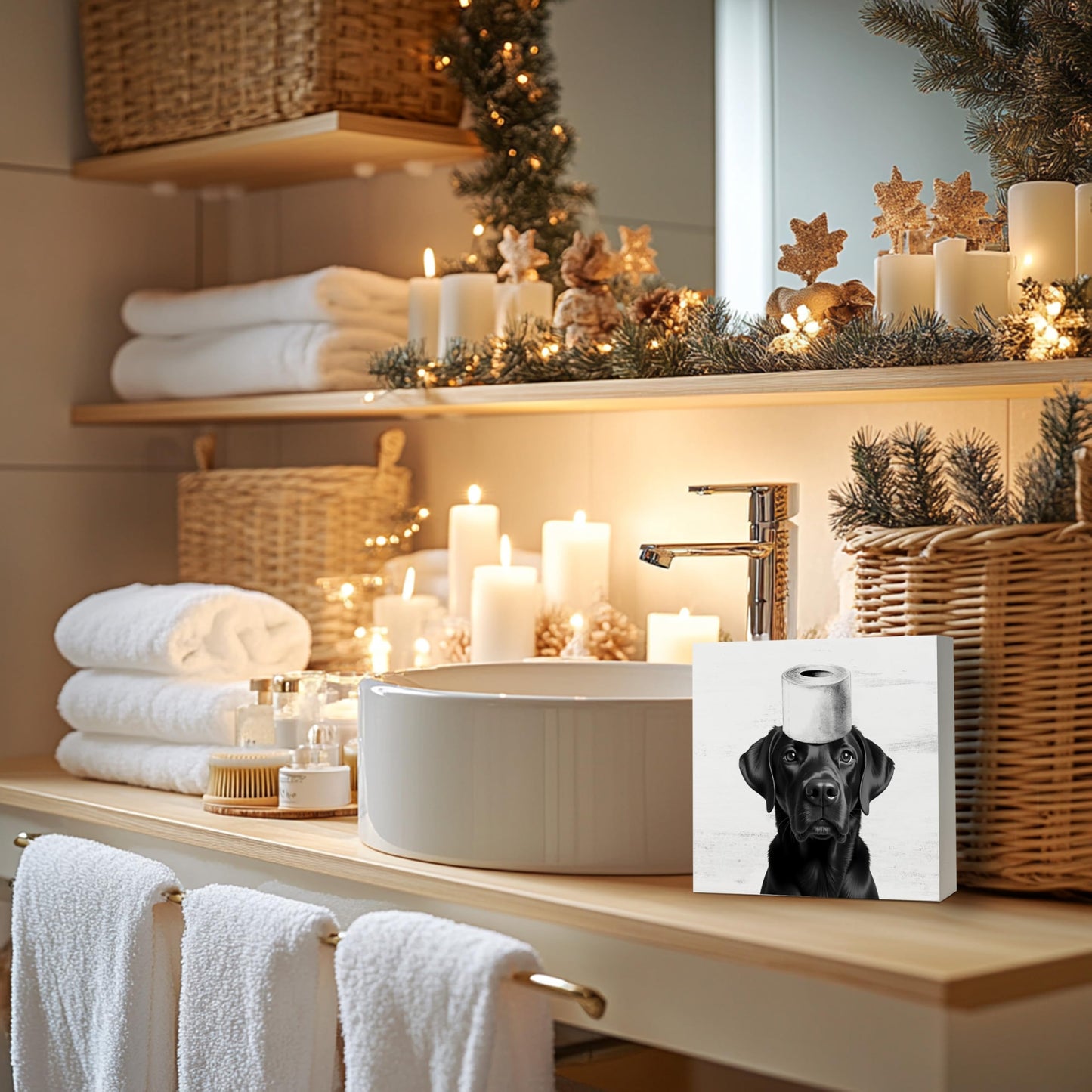 DAYOUER Black Labrador Bathroom Decor, Black Labrador Themed Gifts Wooden Box Sign, Funny Dog Wood Signs for Bathroom Toilet Restroom Counter Shelf Wall Decoration 5x5 Inch
