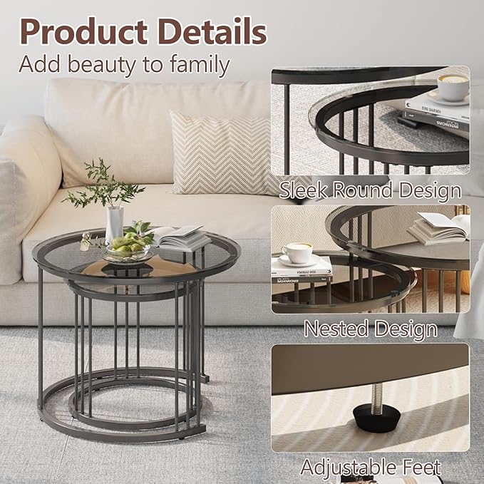 Garden 4 you Nesting Coffee Table, 23.6" Round Coffee Table Set of 2, Glass