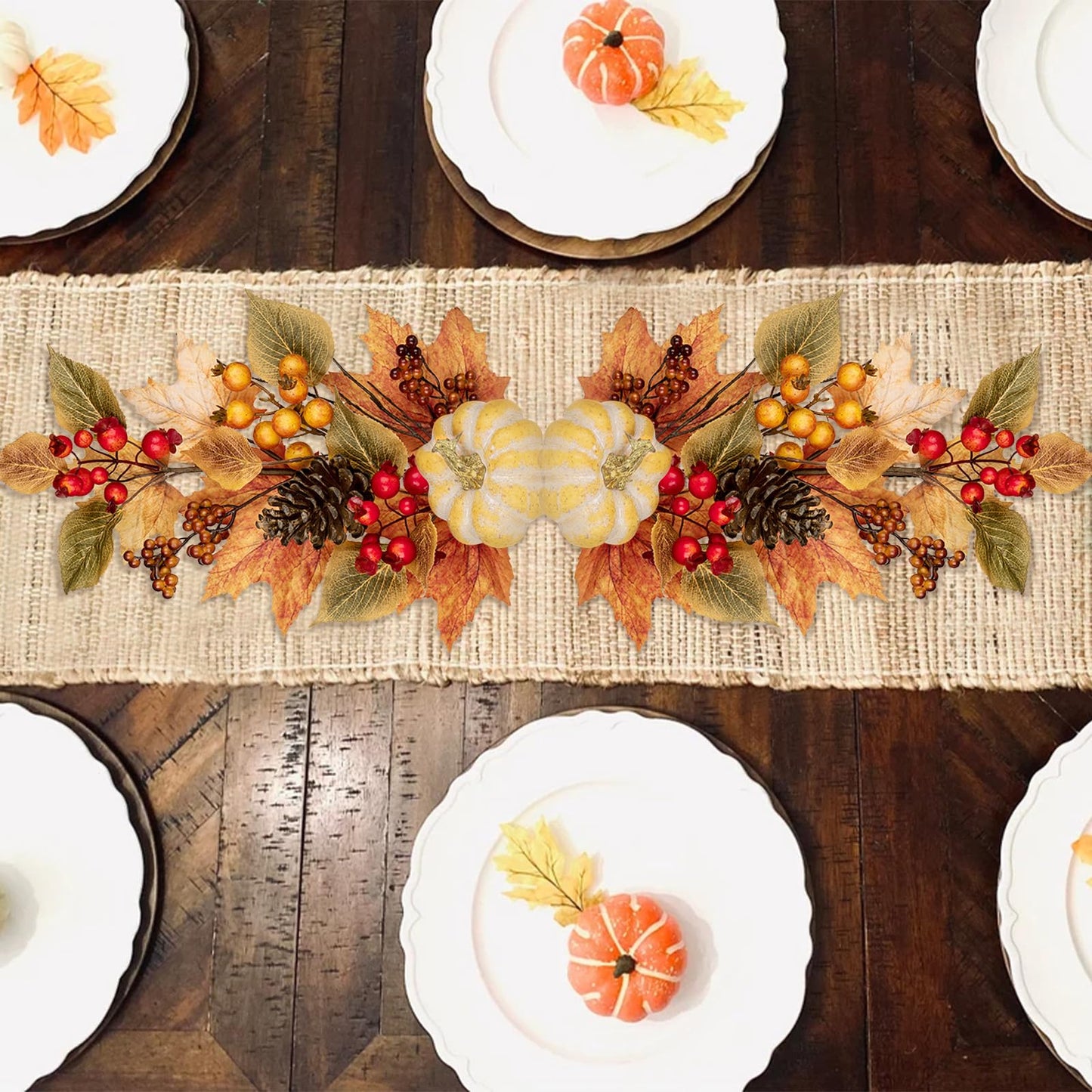 2PCS Artificial Fall Branches Fake Pumpkin Pine Cone Maple Beech Leaves with Red Berries, 30" Tall Faux Fall Stems Autumn Décor for Vase Farmhouse Kitchen Table Centerpiece Decoration