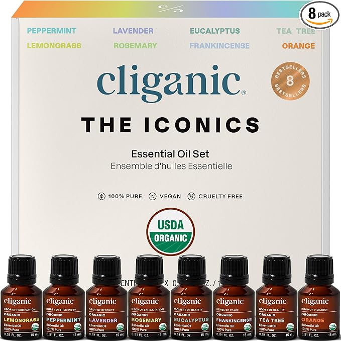 Cliganic Organic Aromatherapy Essential Oils Gift Set (Top 8), 100% Pure - Peppermint, Lavender, Eucalyptus, Tea Tree, Lemongrass, Rosemary, Frankincense & Orange