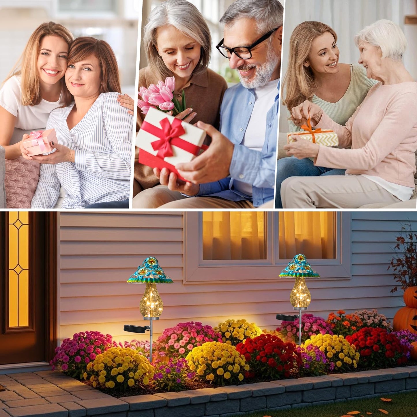 LOVERUIS Garden Statues with Solar Watering Can Lights, Cute Outdoor Garden Decor for Patio Yard Lawn Ornaments, Unique Gift for Women Mom Grandma (ARS-Mushroom Blue)