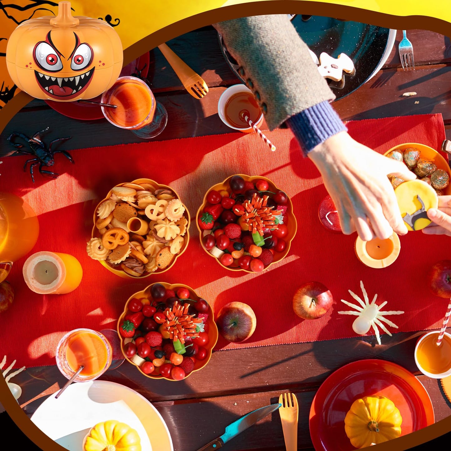 Potchen 2 Set 2 Tier Thanksgiving Fall Pumpkin Snack Bowl Stackable Snack Tray with Lid Stickers Toothpicks Pumpkin Serving Dishes Candy Box Fruit Container for Thanksgiving Party Decoration Xmas Gift