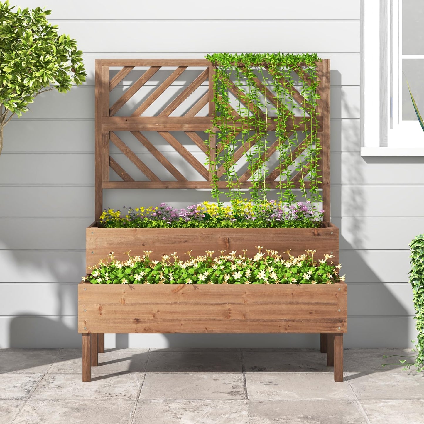 Toolsempire Raised Garden Bed with Trellis & 2 Planter Boxes, 2-Tier Outdoor Wooden Elevated Planter Box with Legs & Drainage Holes, Gardening Planters for Flowers, Herbs, Vegetables & Fruits(Brown)