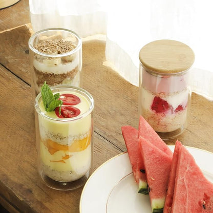 LIBWYS 4 Pack Overnight Oats Containers with Bamboo & Stainless Steel Lids, 15oz Meal Prep Jars - Double Walled High Borosilicate Glass jars for Overnight Oats, Chia Pudding， Salad