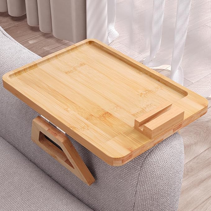 Couch Arm Tray with 360°Phone, Bamboo Folding Sofa Tray, Sofa Armrest Trays