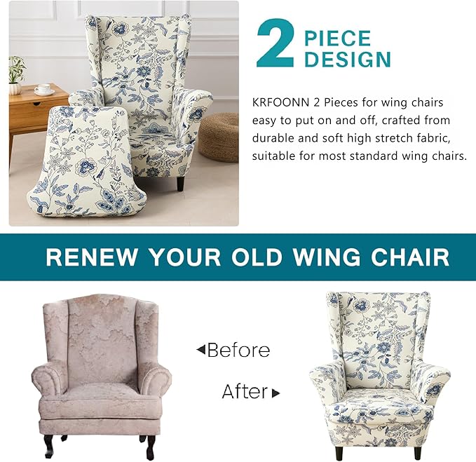 KRFOONN Velvet Wing Chair Slipcovers 2 Piece Stretch Printed Wingback Chair