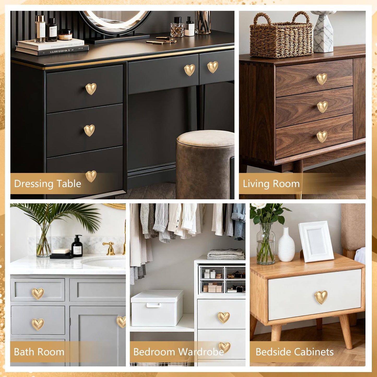Foyofly 4 pcs Gold Heart Drawer Knobs Cute Furniture Cabinet Dresser Handle Knobs for Girl's Room Dresser Cupboard Drawer Wardrobe Decorative Knobs (Matte Gold-C-4 Pack)