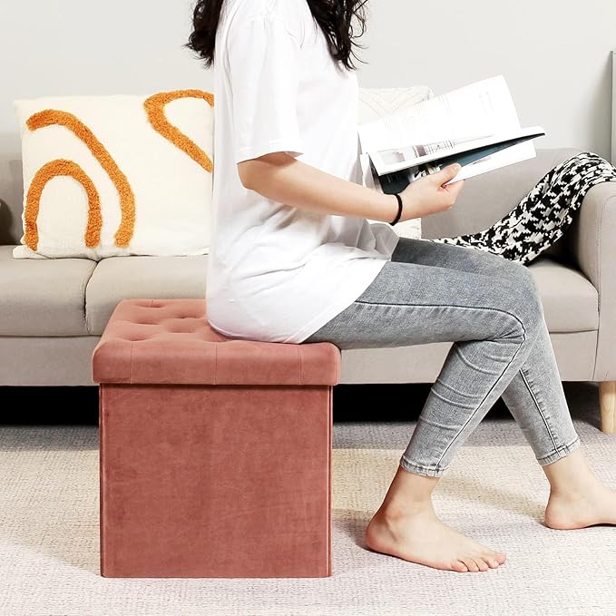 B FSOBEIIALEO Storage Ottoman Cube, Velvet Tufted Folding Ottomans