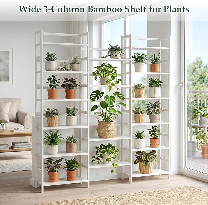 Homykic Bamboo Bookshelf, 71” Tall Triple Wide Bookcase