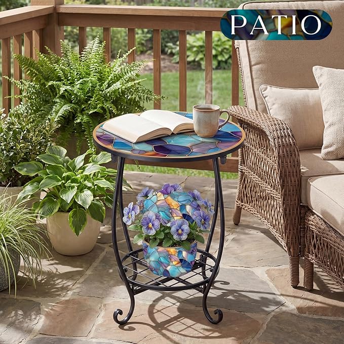 Cinnvoice Outdoor Side Table Round Small Mosaic Patio Accent Indoor End Plant