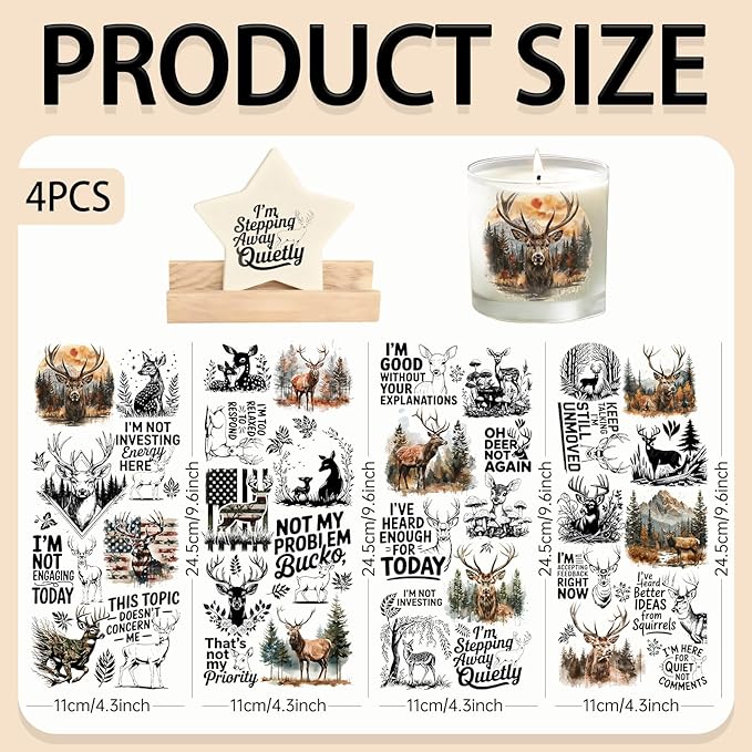 4 Sheets Rub on Transfers for Crafts, Forest Deer Furniture Transfers for Wood