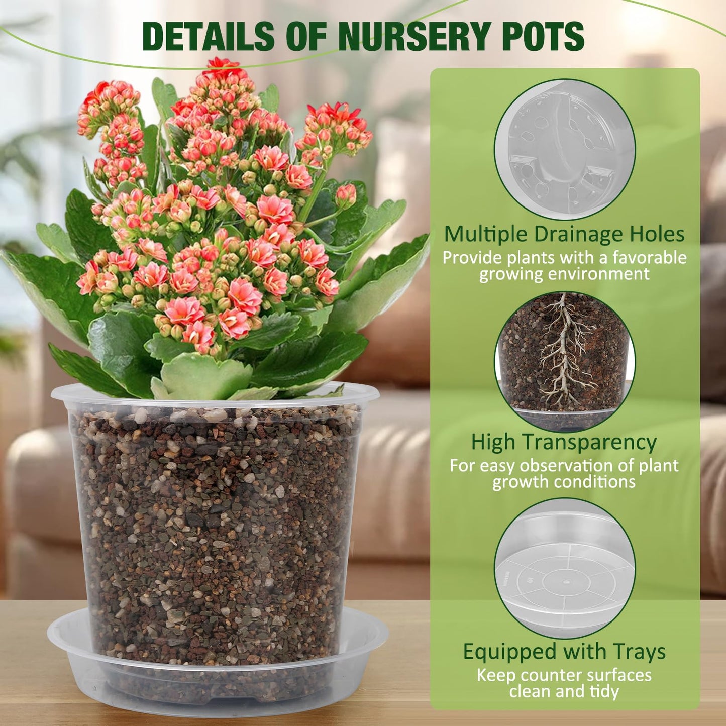 GUGEMEI 10/8/6/4 Inch Clear Nursery Pots with Drainage Holes and Saucers, 12 Pack Large Clear Pots for Plants Variety Pack, Plastic Nursery Pots for Succulents, Seedings, Herbs, Flowers, Vegetables