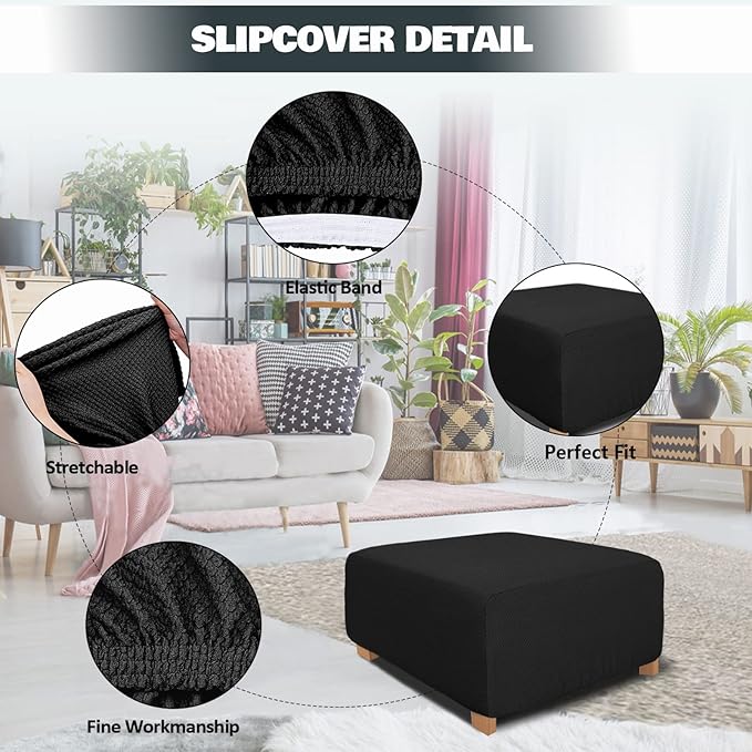 NeColorLife Rectangle Ottoman Cover Jacquard Fabric Slipcover Thick Stretchable