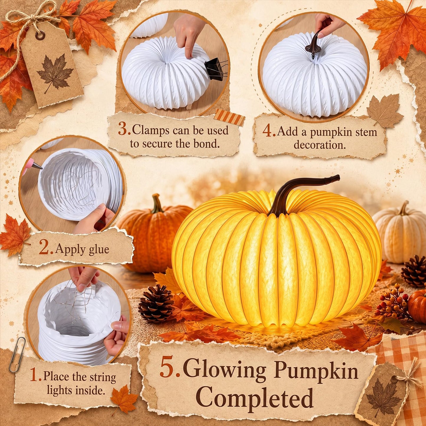 Gerrii 3 Sets Pumpkin Lantern Kit DIY Plastic Pumpkin Hanging Lanterns with String Lights and Artificial Stems Light up Craft Kit for Fall Home Decor Halloween Party Supplies