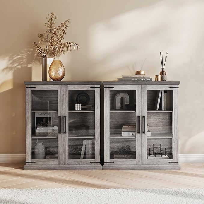 BELLEZE Set of 2 Glass Display Cabinet, Living Room, or Kitchen