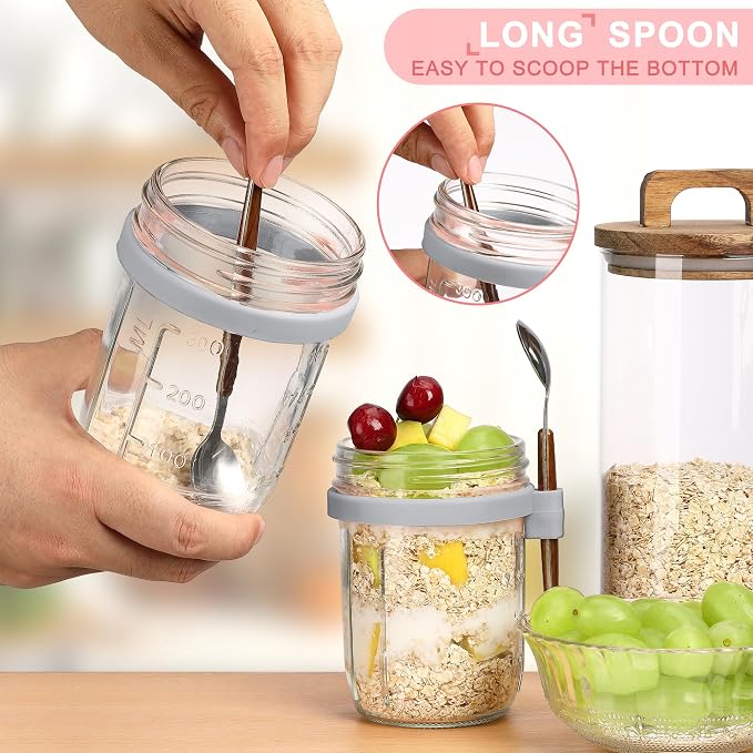 16oz Glass Mason Overnight Oats Jars, Cereal, Yogurt, Salad Lunch,Glass Overnight Oats Containers with Lids and Spoon, Container with Measurement Marks - (Grey-2Pcs)