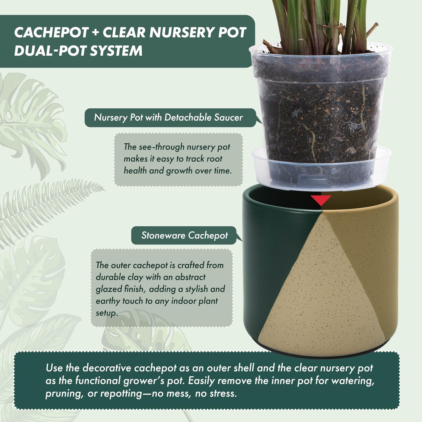 D'vine Dev 6.5" Stoneware Cachepot Planter with 6" Clear Nursery Pot & Detachable Saucer – Modern Indoor Plant Pot with Drainage for Bottom Watering & Root Visibility, Desert Forest, 93-O-C-1