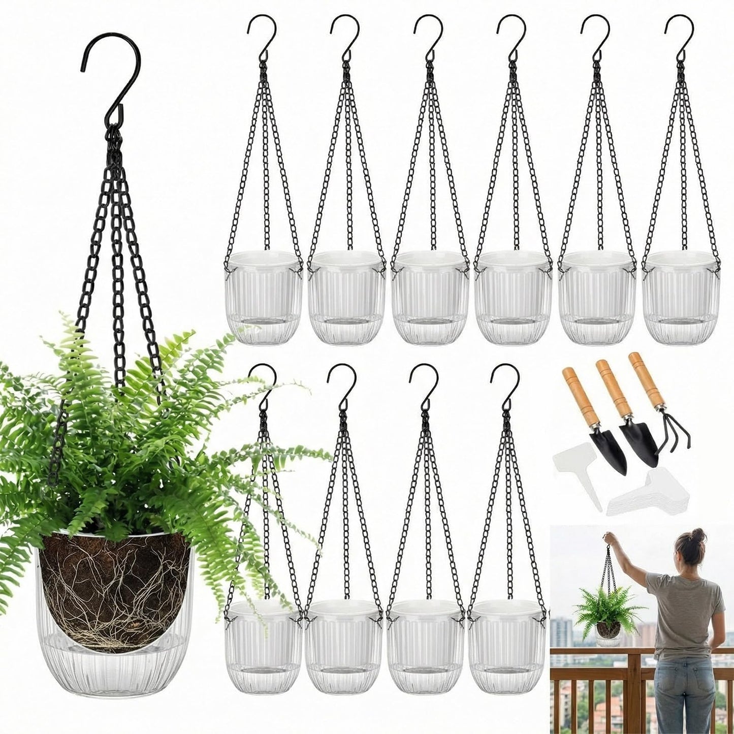 12 Pcs 4.5 Inch Self Watering Hanging Planters for Indoor Outdoor Plants Bulk Pet Small Hanging Flower Pots with Chain Hooks Drainage Holes with Labels 3 Transplant Tools Baskets for Simple Plant Care