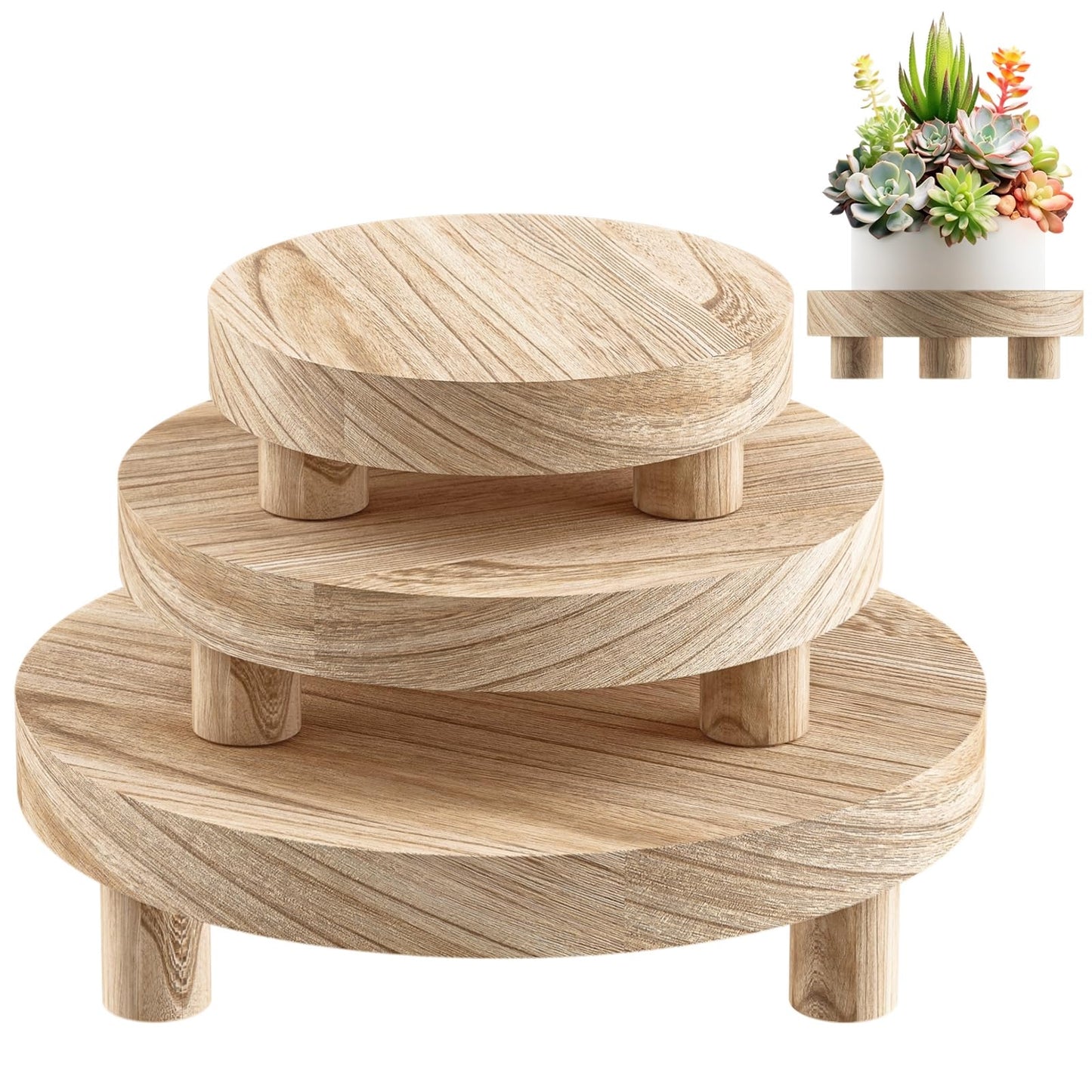 3 Pcs Wood Plant Stand Indoor Outdoor, Round Wood Riser for Decor 6/8/10" Wooden Stool Display Stand Flower Pot Holder Small Planter Tray Modern Potter Decorative for Desktop Counter Room (Natural)
