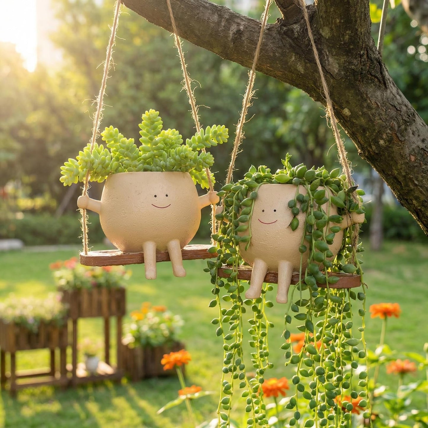 TEARS OF GAIA Hanging Planters for Indoor Plants, Lovely Face Planter Pot Cute Resin Flower Head Planters with Drainage, for Mom, Funny Succulent Plant Lover Gift for Plant Lovers (Small Swing)