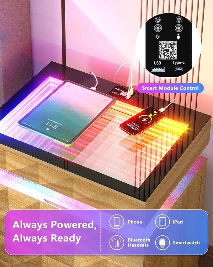 HWB Nightstand with RGB Lights, 3 Drawers Night Stand with Hidden Storage