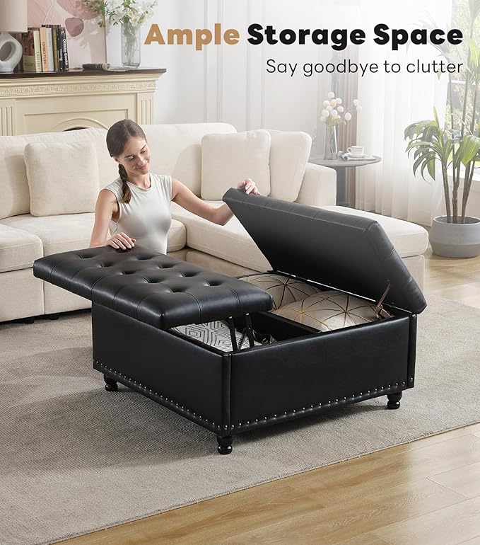 Tbfit Large Square Storage Ottoman Bench, Tufted Upholstered Coffee Table