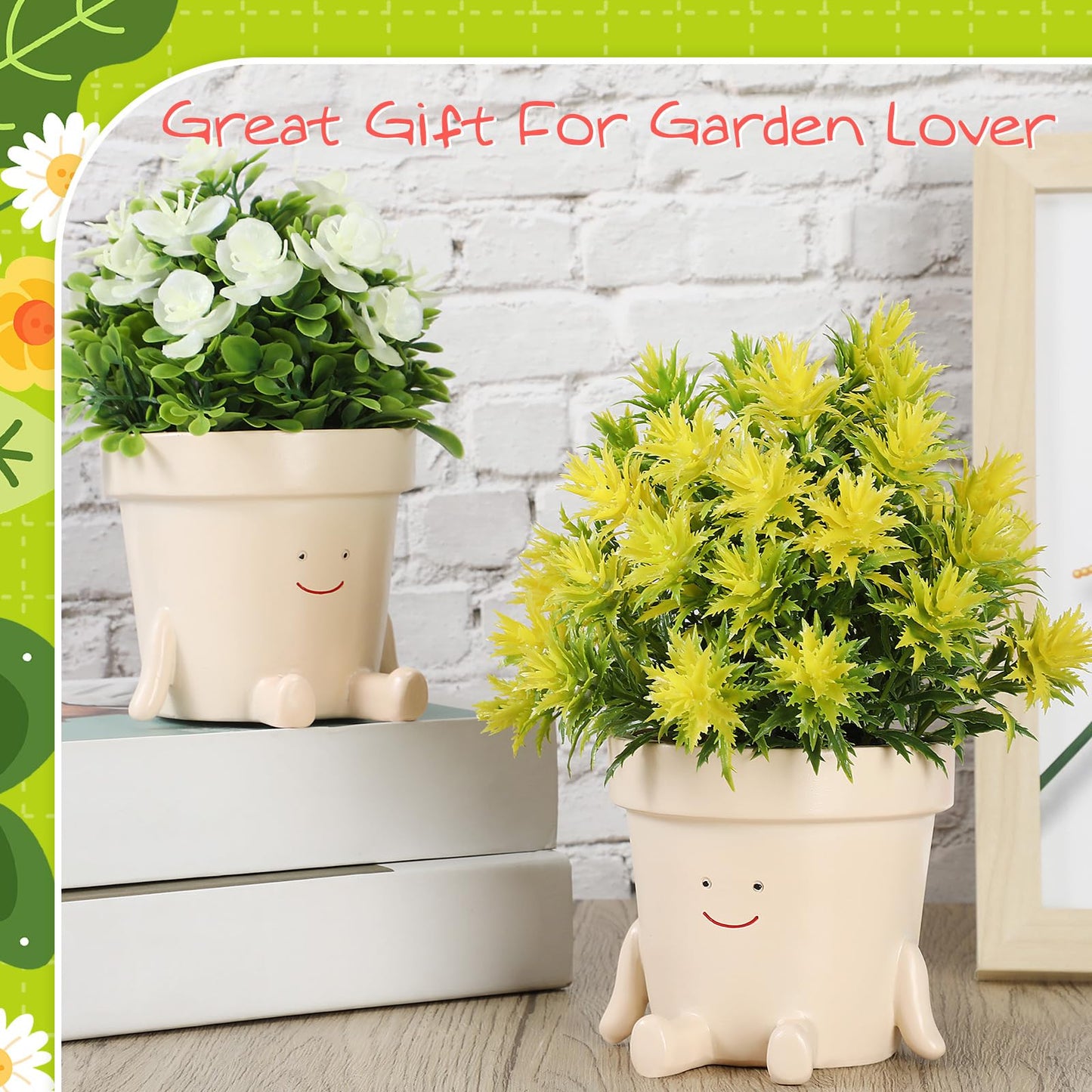 Nuogo 2 Pieces Cute Plant Pots Face Resin Succulent Flower Pot Indoor Head Planters Fun Novelty Planters with Drainage Legs Out for Christmas Plant Lover Gardening Gift Outdoor(Classic)
