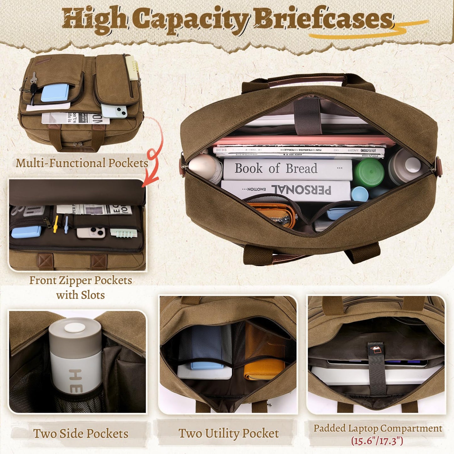 Mens Laptop Messenger Bag 15.6 Inch Canvas Briefcase Waterproof Vintage Computer Bag Shoulder Bag Satchel Bags for Work College Travel