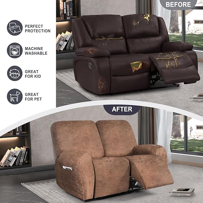 ANARACHON Leather Look Loveseat Recliner Cover, 6-Pieces Stretch Dual Recliner