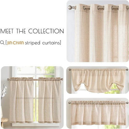 jinchan Tab Top Linen Kitchen Curtains 24 Inches Striped Tier Curtains Farmhouse Modern Cafe Style Small Window Treatments Airy Light Filtering Rod Pocket for Living Room Bathroom 2 Panels Tan