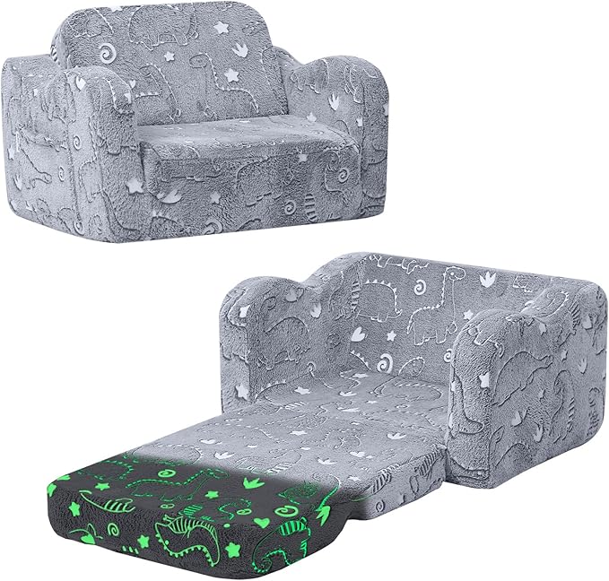 MeMoreCool Glow-in-the-Dark Dinosaur Kids Couch, 2-in-1 Foldable Kids Couch and