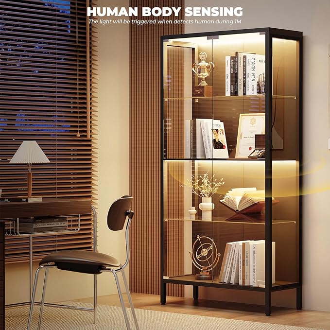 Display Cabinet with Glass Doors, 4-Tier Curio Cabinet with 3 Color Lights