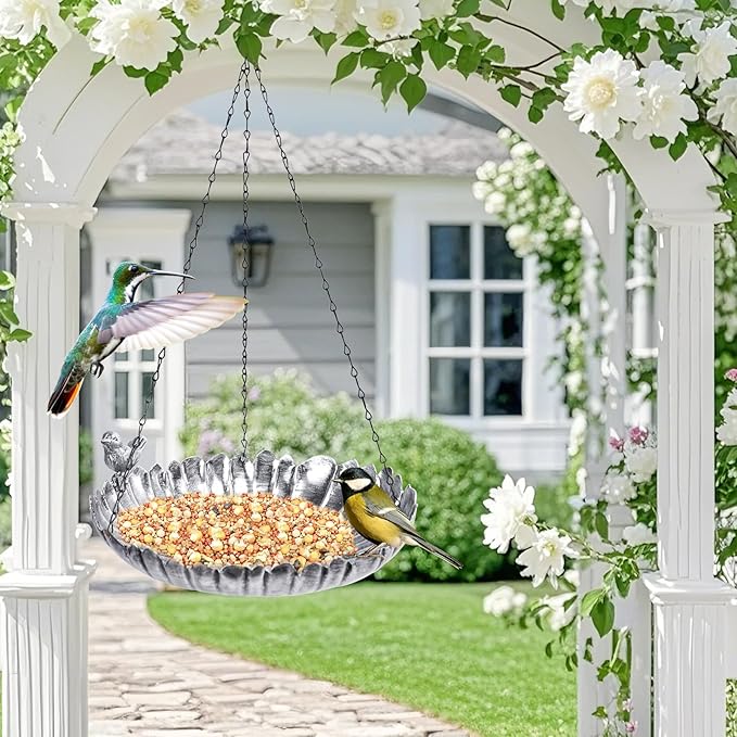 VCUTEKA Hanging Bird Baths for Outdoors, Metal Bird Bath for Outside Birdfeeder for Garden, Patio, Back Yard Decoration, Silver