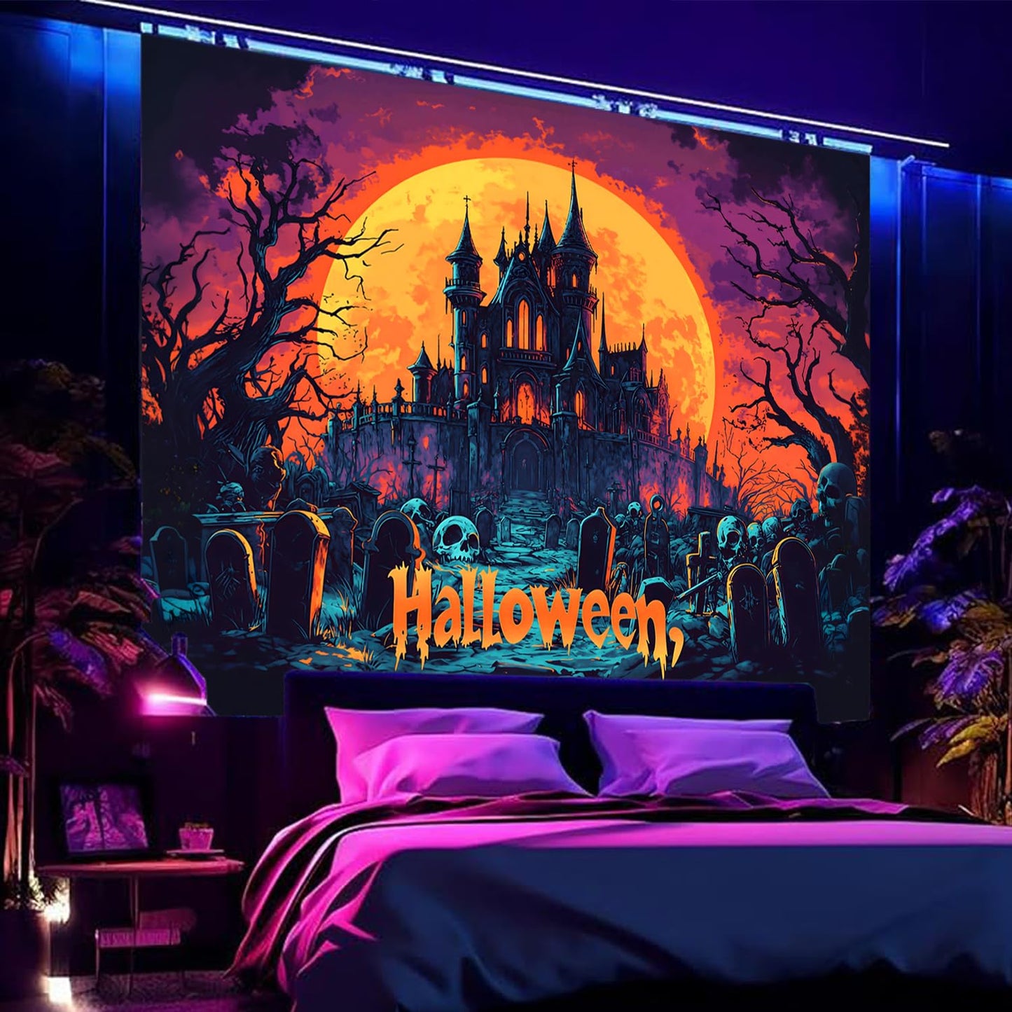BSFHH Black Light Tapestry – UV Reactive Glow in the Dark Wall Hanging, Spooky Night Scene with Ghosts & Pumpkins, Haunting Home Decor for Parties, Bedroom, or Dorm (GHOST TOWN, 90L x 70W, Unframed)