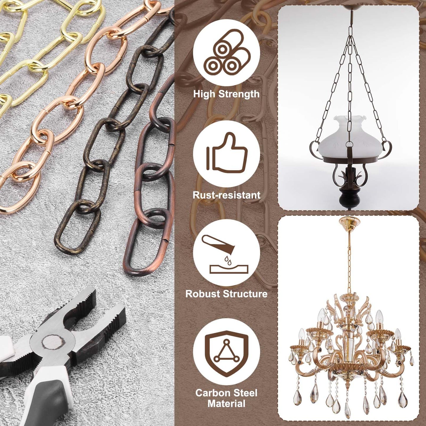 uxcell 7ft Lighting Hanging Chain, 2.4mm/0.09" Looping Metal Pendant Chandelier Chain Extension with 2 Spring Snap Hook for Hanging Plant Pendant Chandelier Light Fixture, Golden