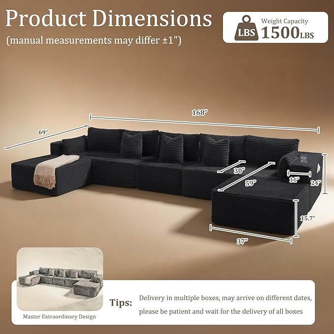 168" Cloud Sectional Couch, Comfort U Shaped Sofa