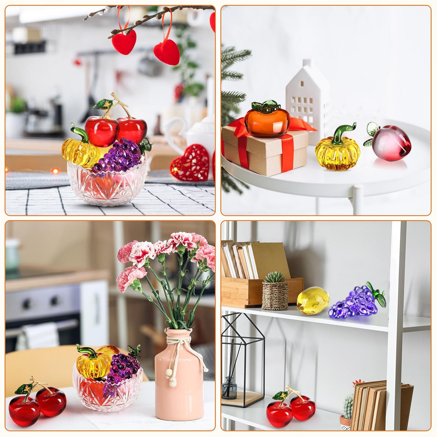 Reallnaive 6 Pcs Crystal Glass Fruit Decor Cherry Grape Persimmon Lemon Pumpkin Peach Figurine Collectibles Hand Blown Glass Fruit Decoration for Home Decor Gift for Wedding Birthday Wedding
