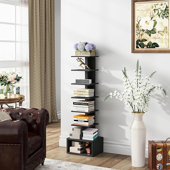 TUTOTAK Narrow Bookshelf, Vertical 8-Tier Bookcase, Spine Book Shelf