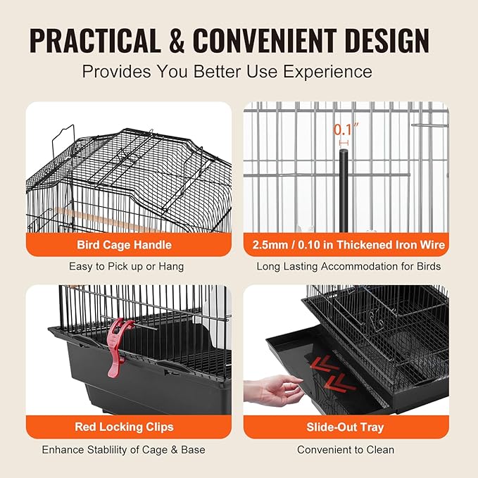 VEVOR 41-inch Open Top Large Parrot Bird Cage, Hanging Bird Cage for Parakeets Finches Canaries Lovebirds Cockatiels Budgies Small Quaker Conures Travel Pet Flight Birdcage with Swing and Perch