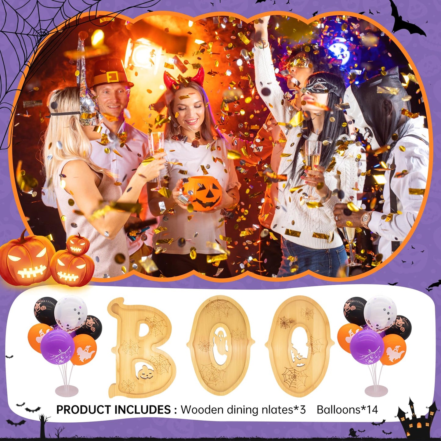 Nsoyos 3PCS Wooden Halloween Charcuterie Board Set - Boo Letters (with 14 Balloons) - Halloween Party Table Decoration & Food Tray Platter