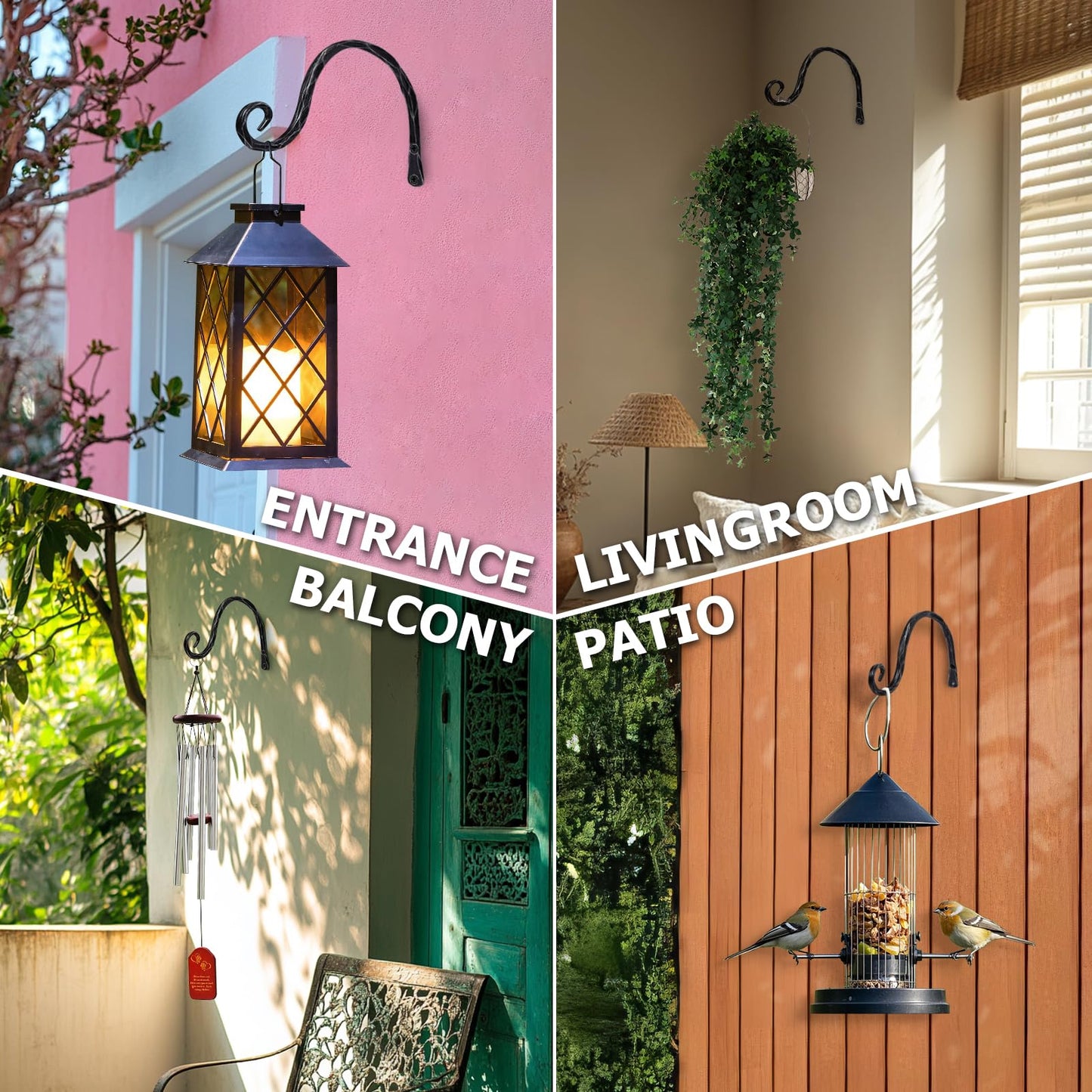 BEGINS Plant Hangers Outdoor Wrought Iron Metal Hanger Hook 2 Pack 8 inch Wall Bracket Hooks for Flower Pots, Wind Chimes, Solar Lanterns, Garden Decor